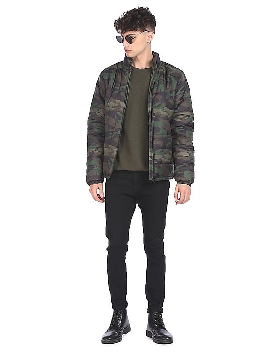 Aeropostale Men Olive High Neck Camouflage Print Puffer Jacket