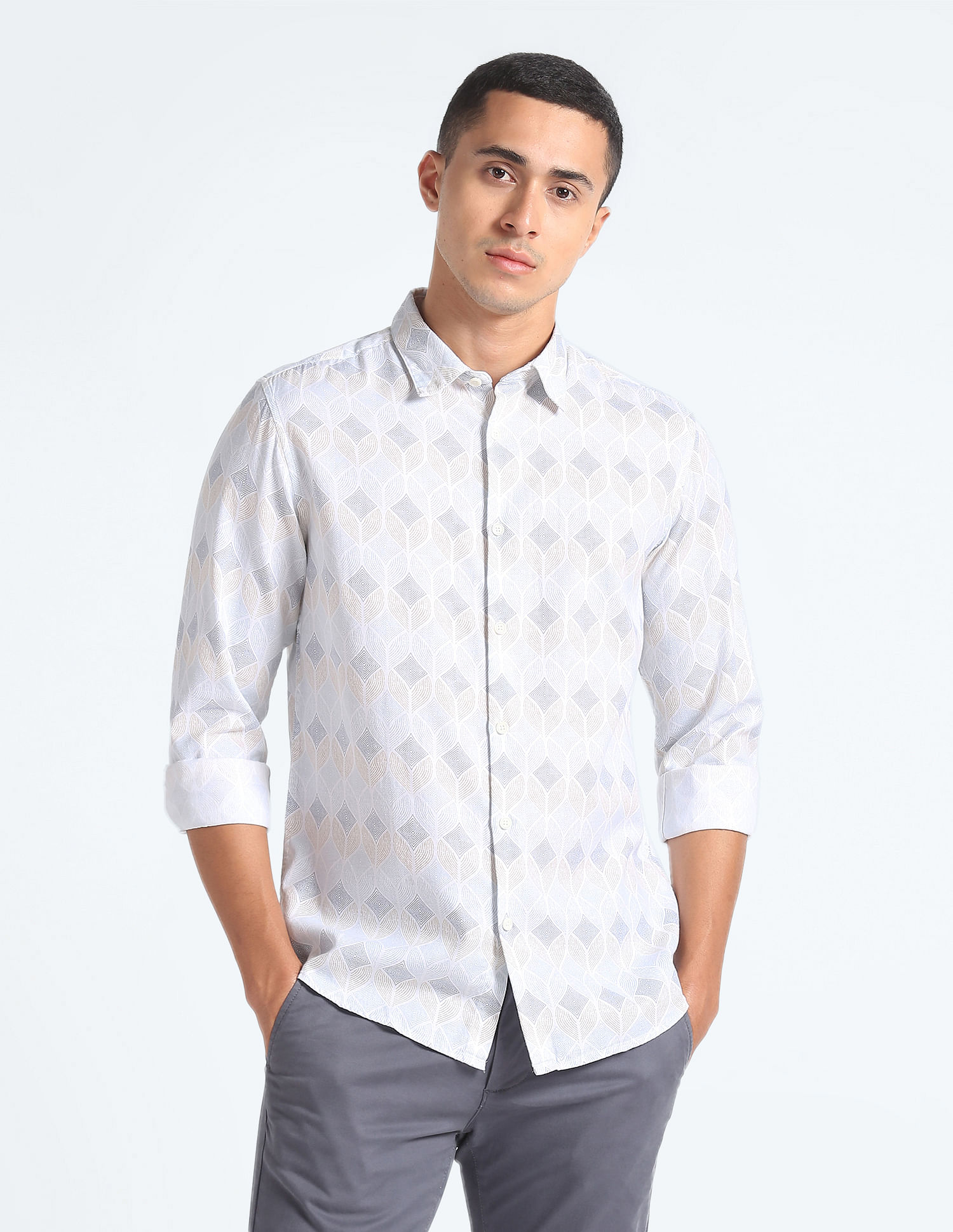 Flying Machine Geometric Print Cotton Shirt
