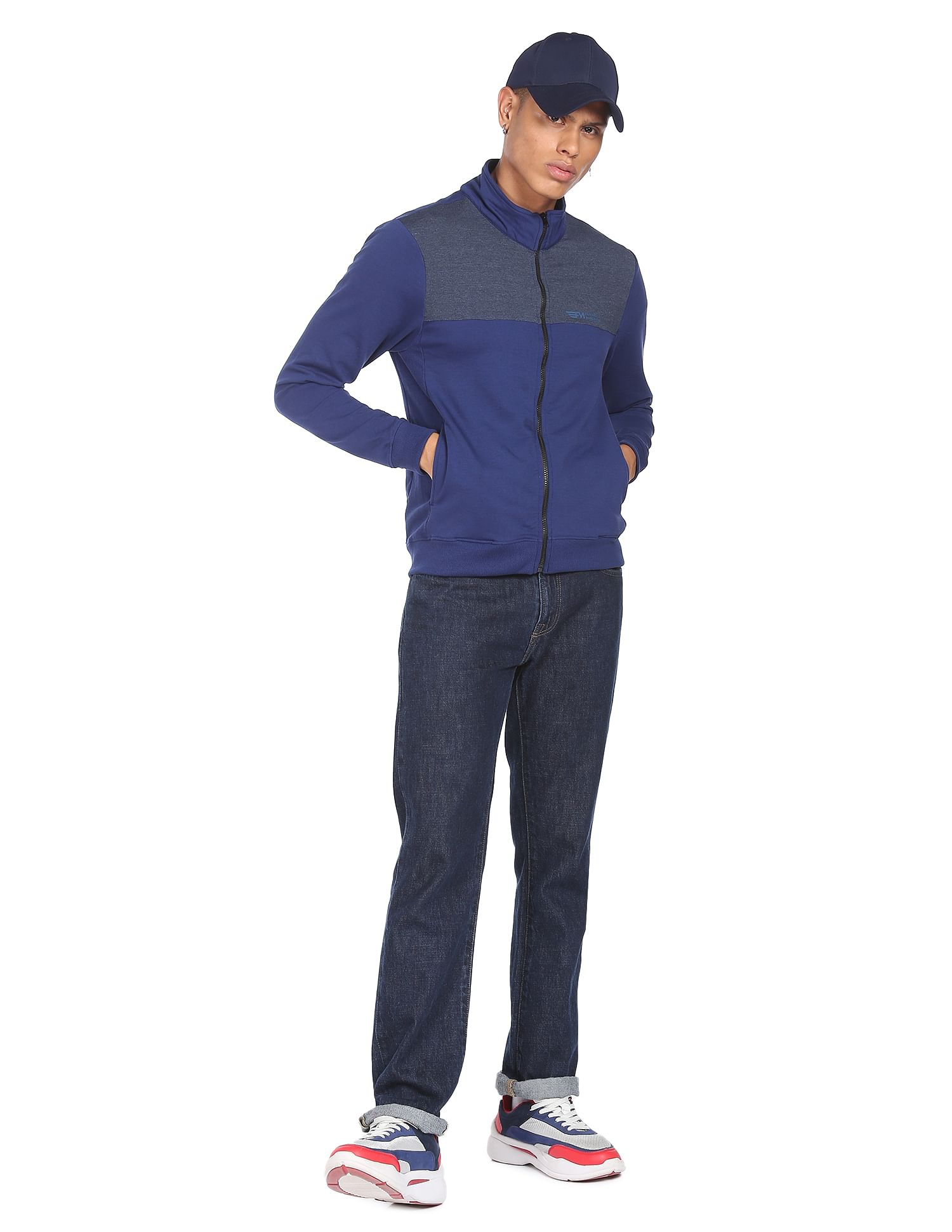 Flying Machine High Neck Colour Block Panelled Sweatshirt