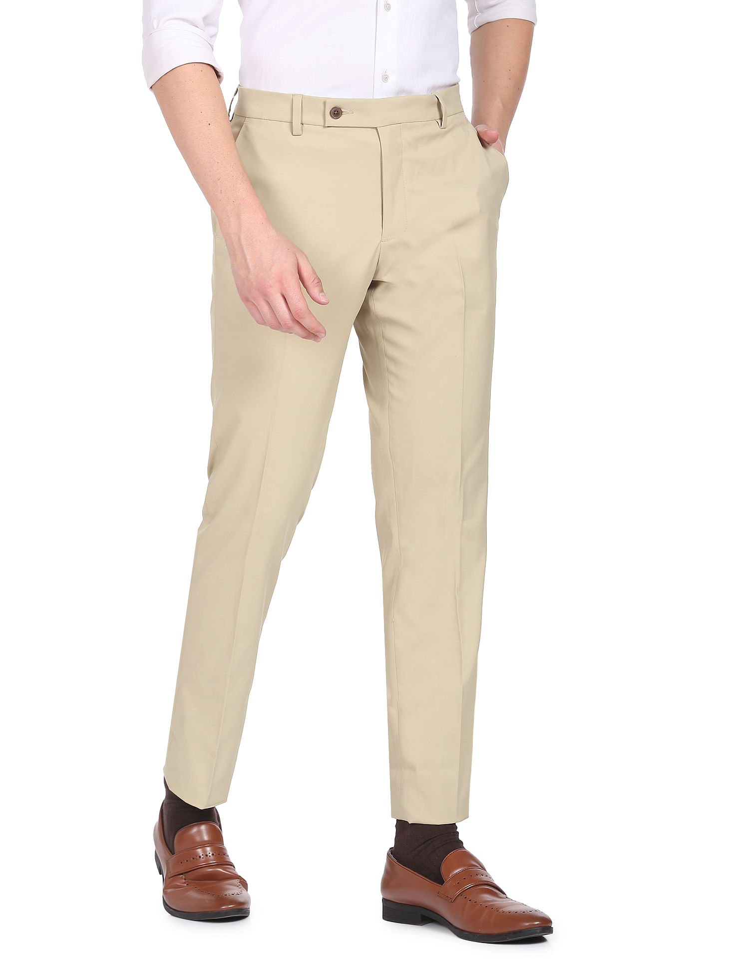 Buy Arrow Men Beige Hudson Tailored Fit Smart Flex Formal Trousers -  NNNOW.com