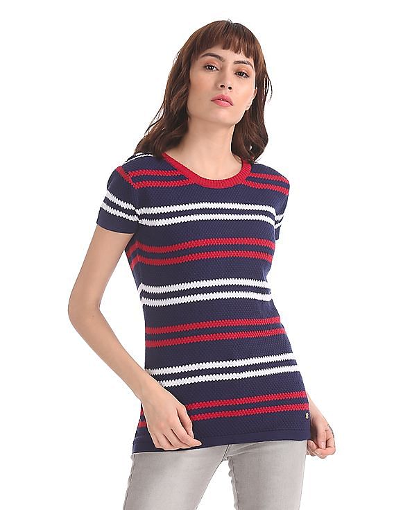 U.S. Polo Assn. Women Blue Patterned Stripe Knit Top