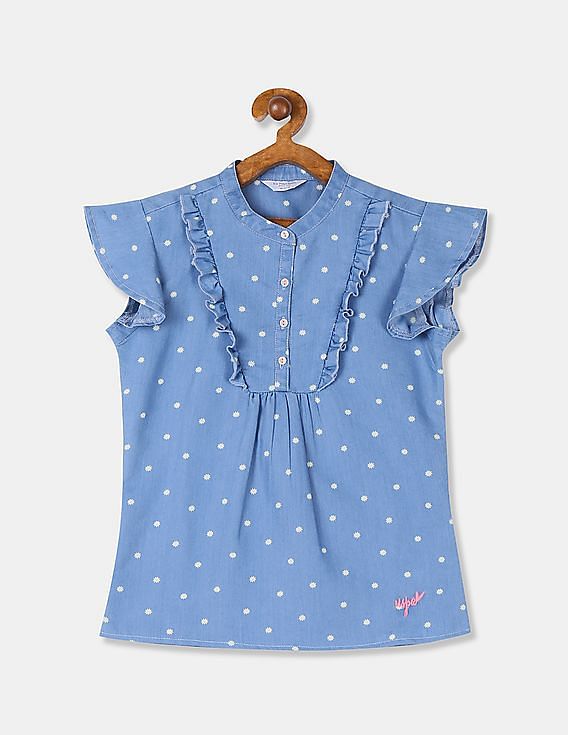 U.S. Polo Assn. Kids Girls Blue Ruffled Printed Top