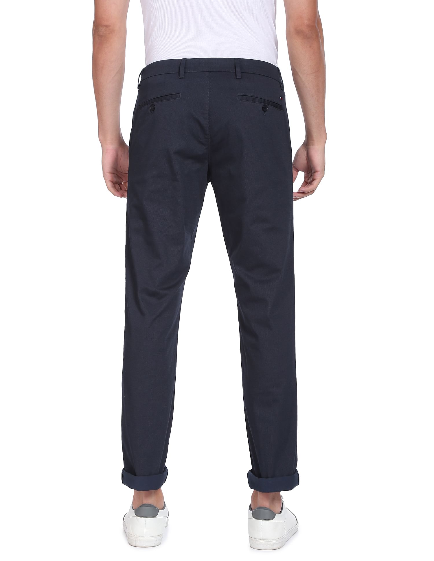 Tommy Hilfiger Men Navy Micro Check Denton Straight Fit Casual Trousers