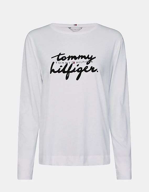 Buy Tommy Hilfiger Women White Crew Neck Flock Print T-Shirt 