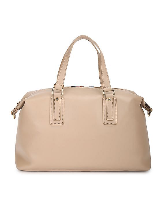 Tan Striped Leather Duffle Bag