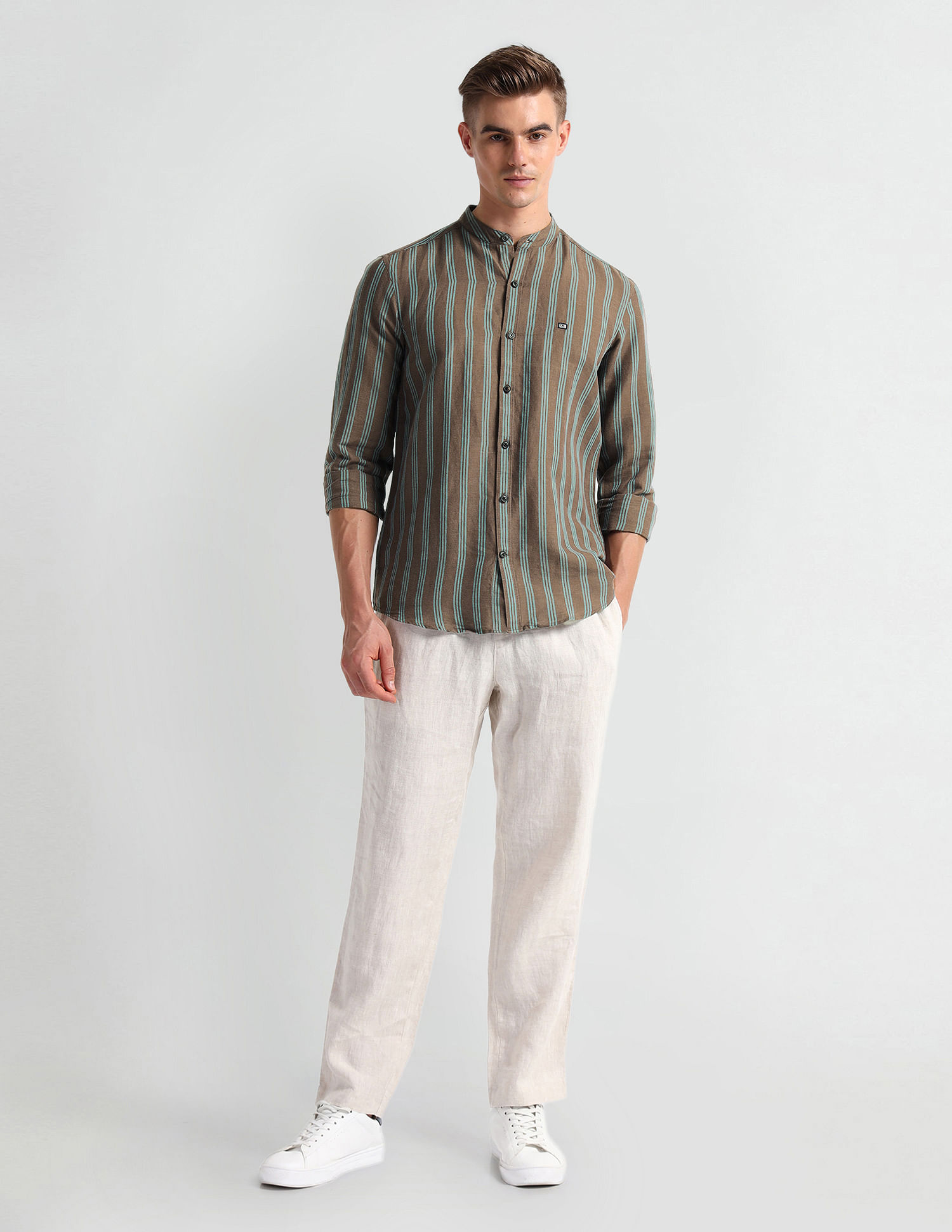 Arrow Sports Mandarin Collar Vertical Stripe Shirt