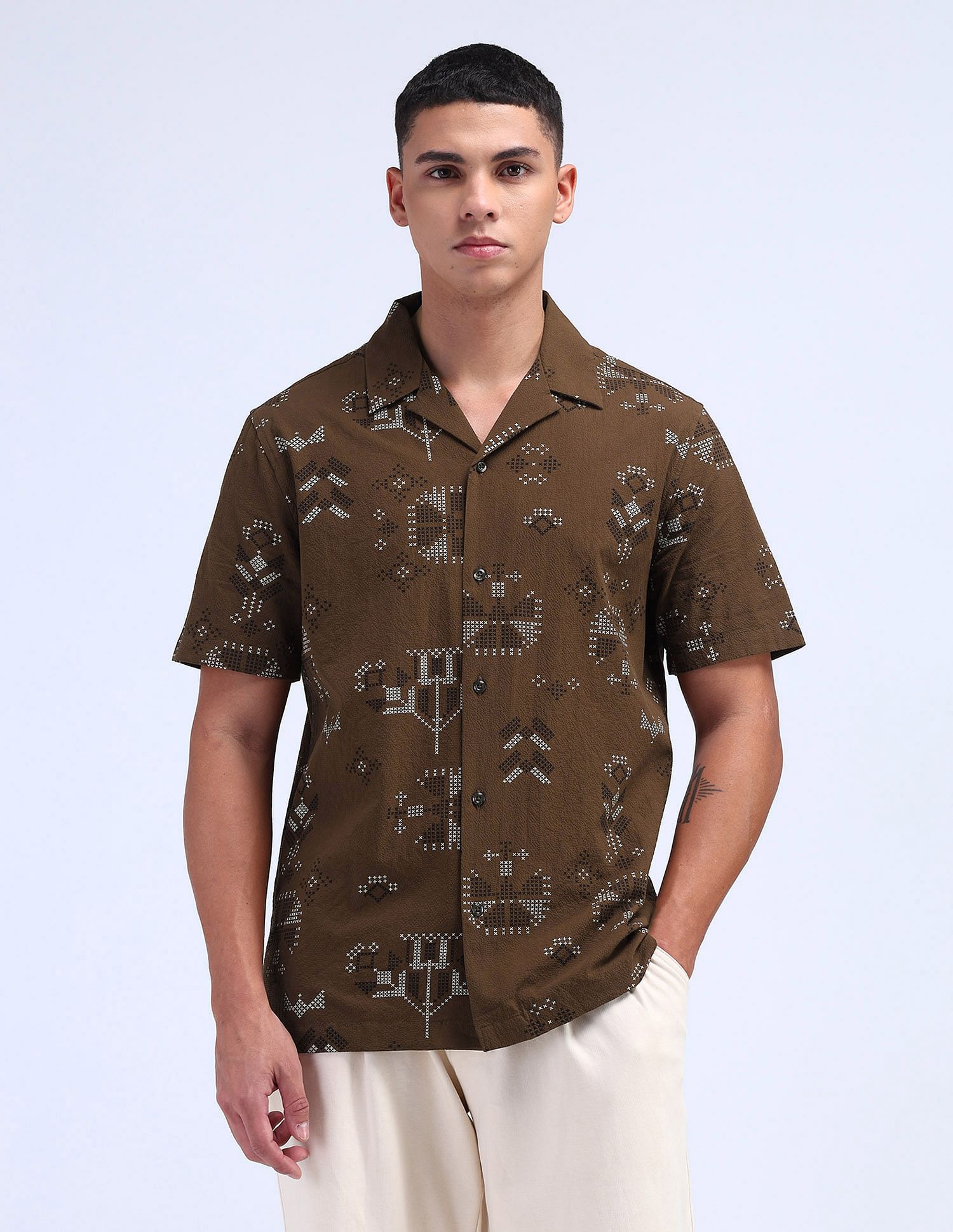 Flying Machine Geometric Print Seersucker Shirt