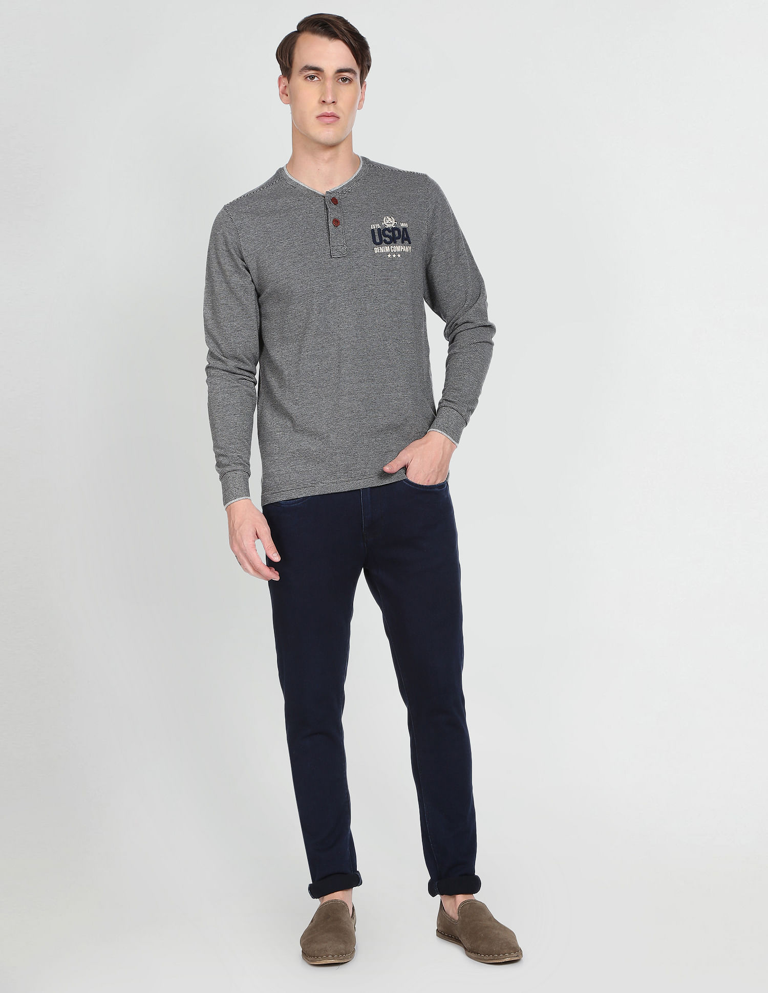 Men's Shirt U.S. Polo Assn. Slim Plain 100% cotton Denim Jeans collar  Italian Long sleeve