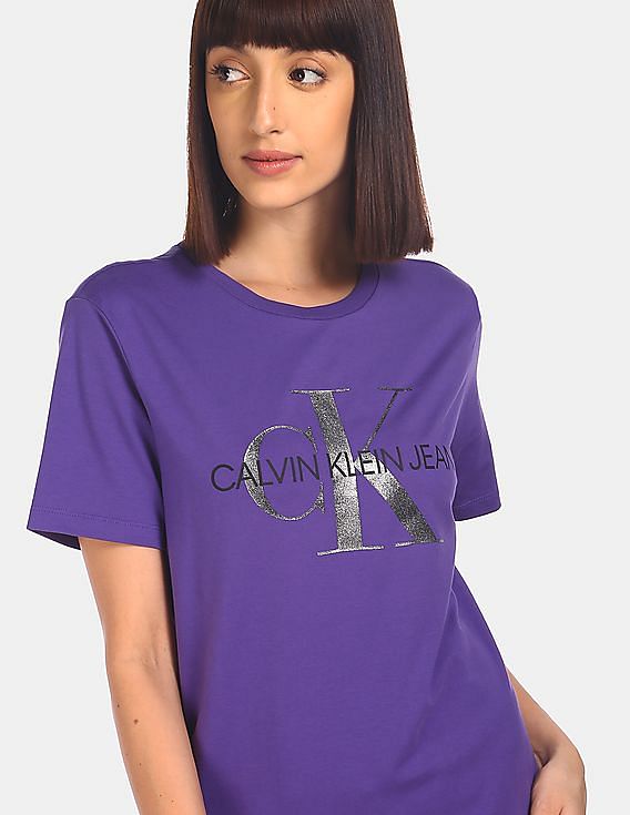 Calvin Klein Women Violet Glitter Monogram Print T-Shirt