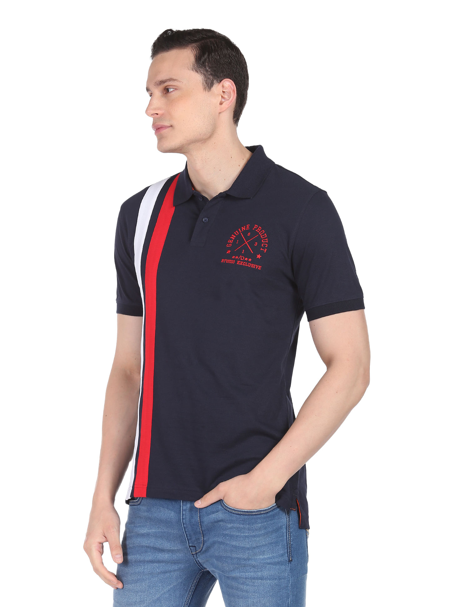 AD by Arvind Cotton Modern Fit Striped Polo Shirt