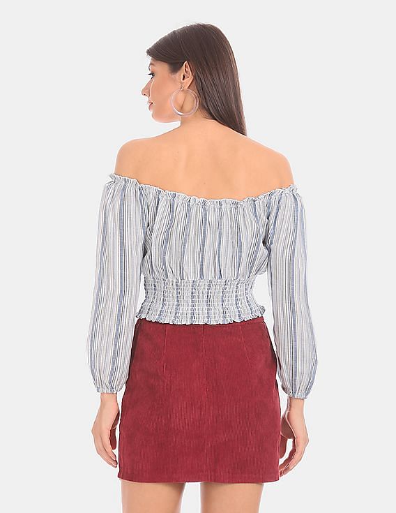 Aeropostale Women Blue And White Striped Off-Shoulder Top