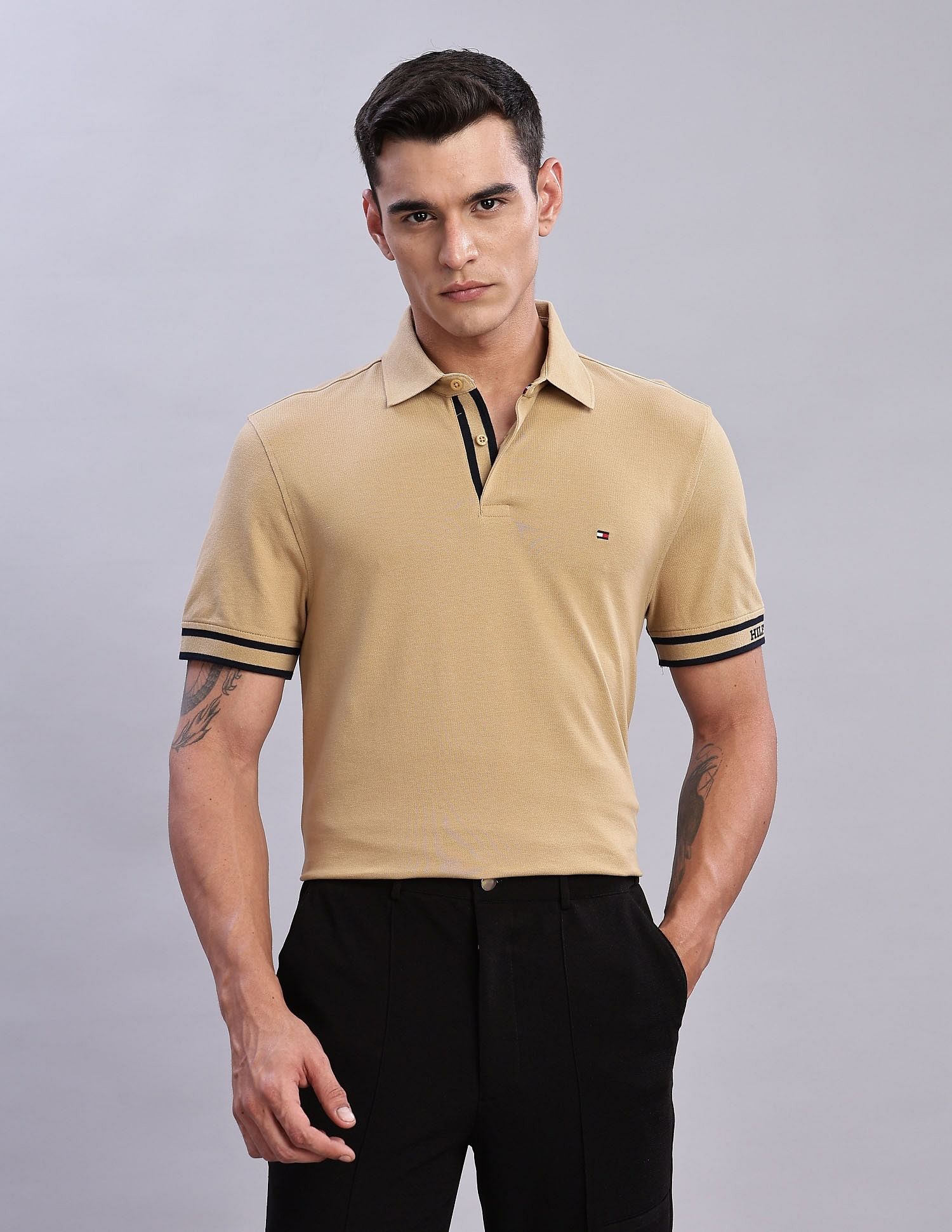 Tommy Hilfiger Mens Beige Solid Polo Shirt