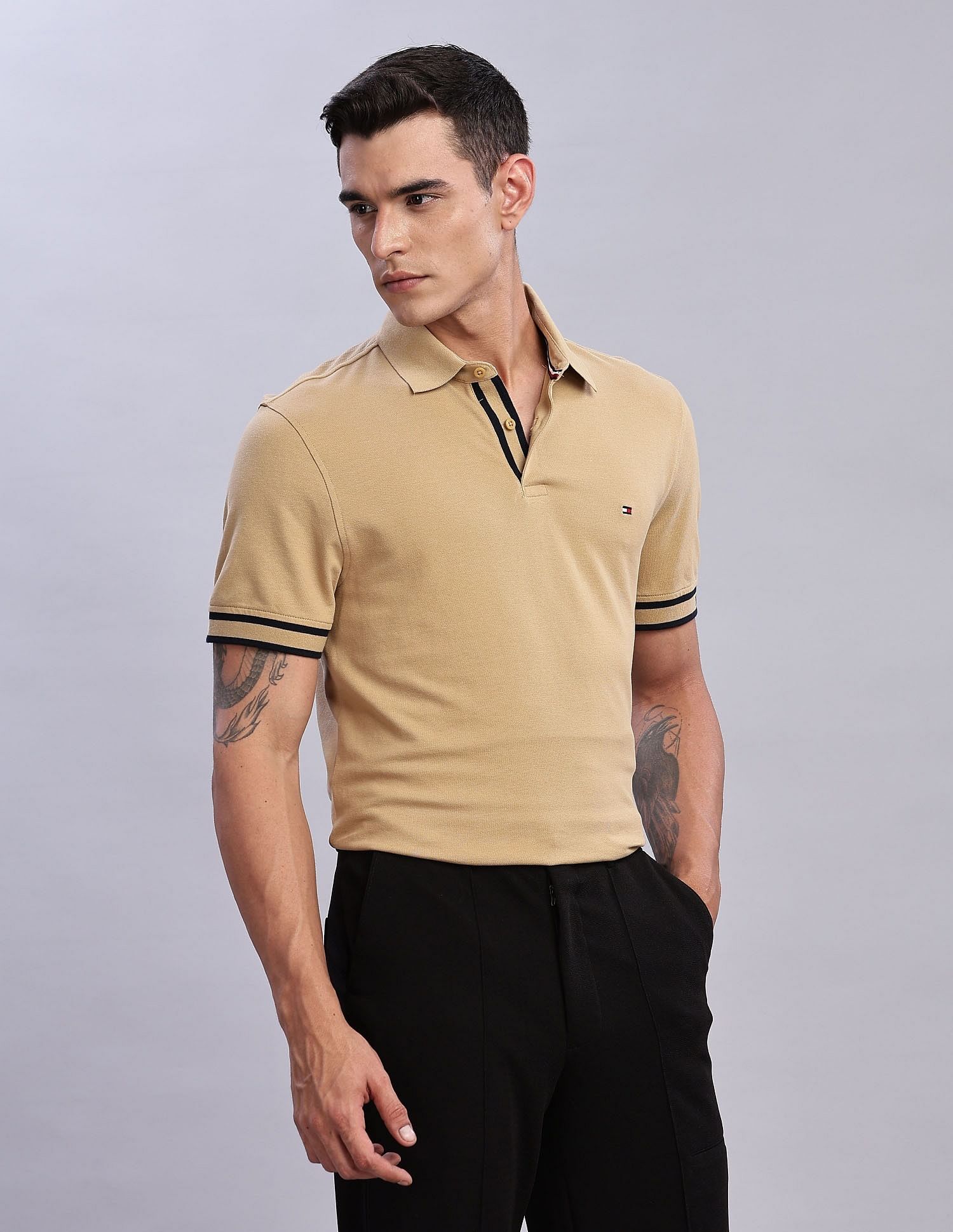 Tommy Hilfiger Mens Beige Solid Polo Shirt