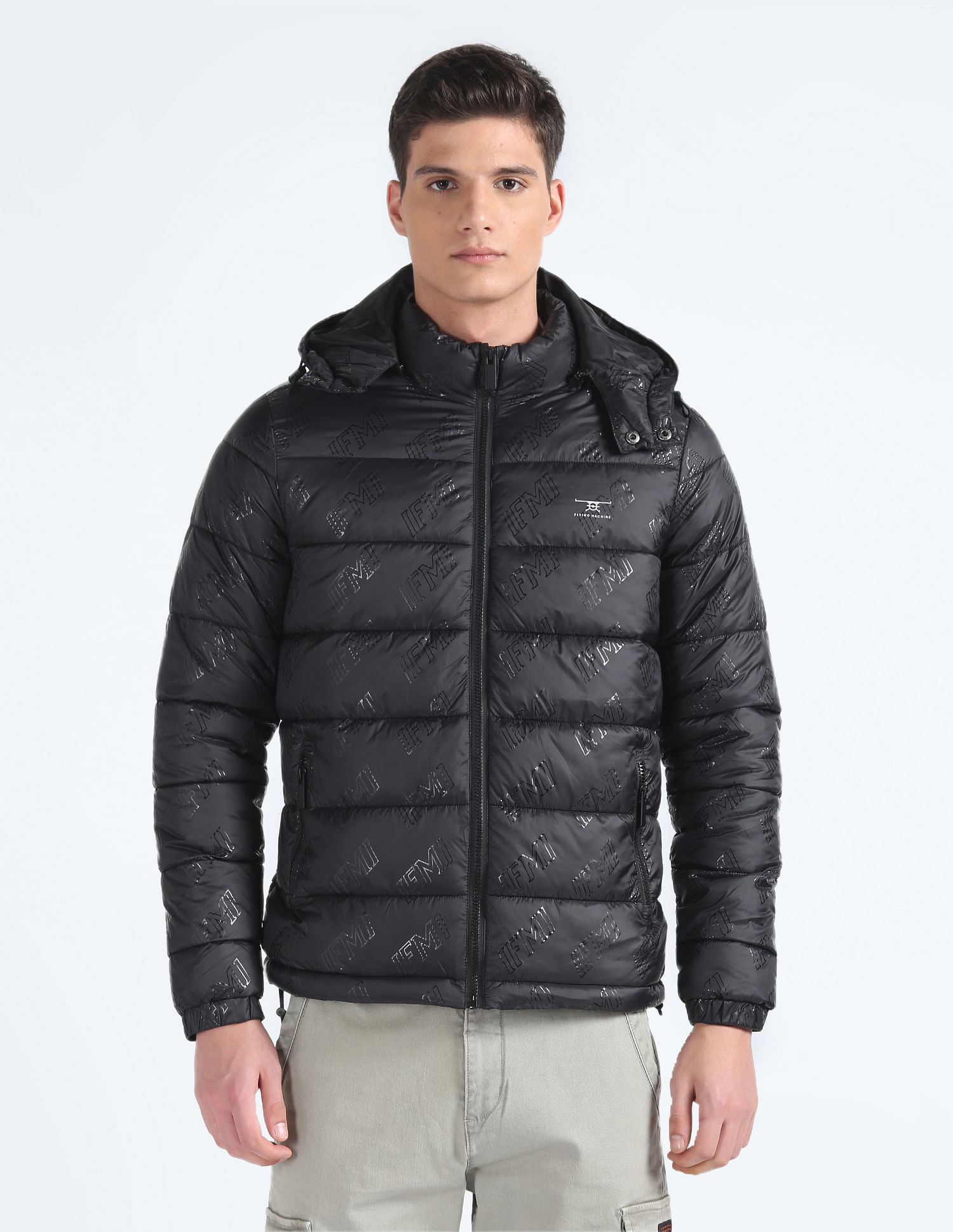 Flying Machine Detachable Hood Brand Print Puffer Jacket