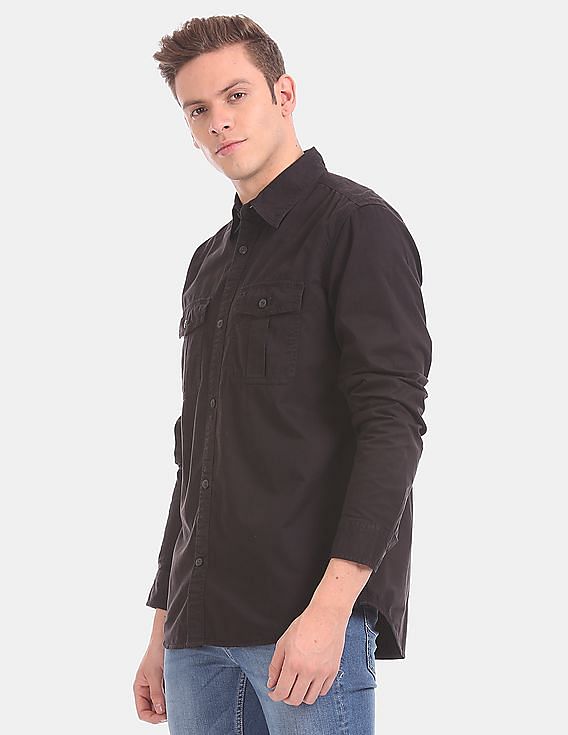 GAP Men Black Long Sleeve Flap Pocket Twill Utility Casual Shirt