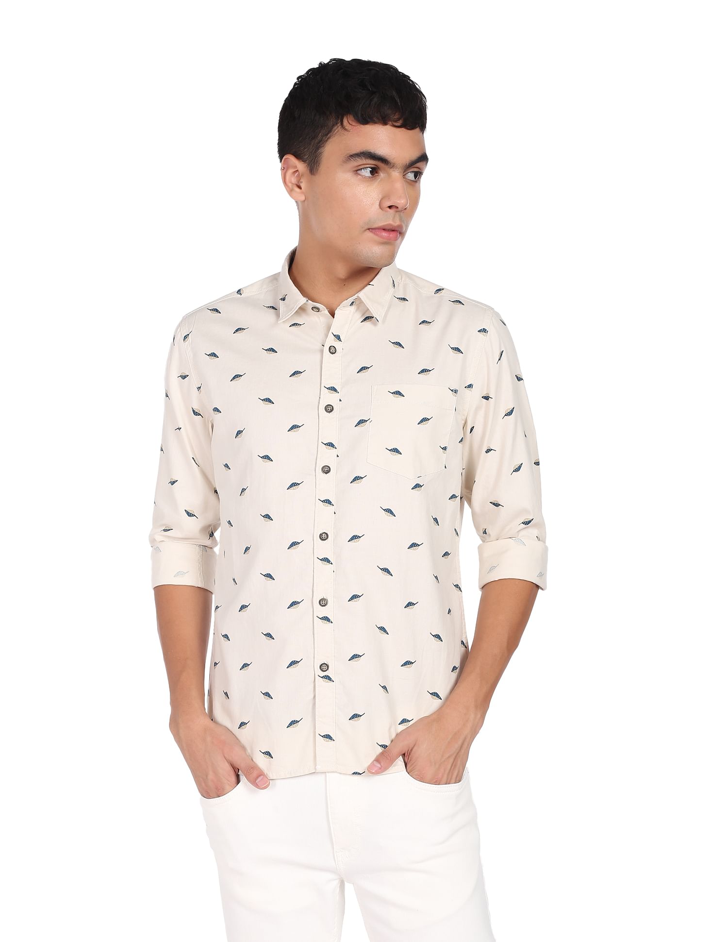 Flying Machine Geometric Print Twill Weave Shirt