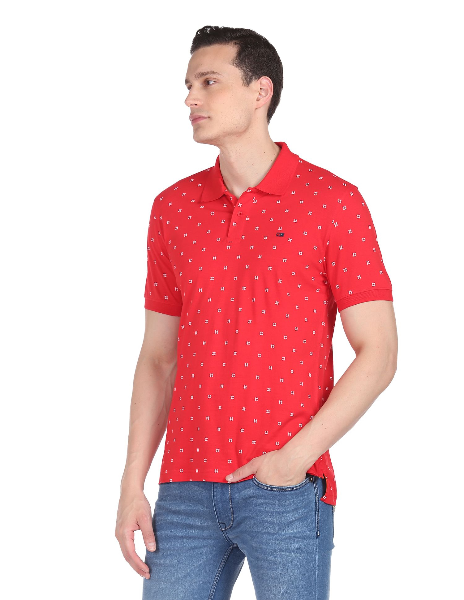 AD by Arvind Cotton Geometrical Print Polo Shirt