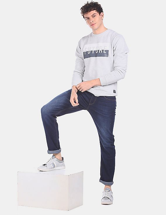 Flying Machine Ribbed Crew Neck Printed Sweatshirt