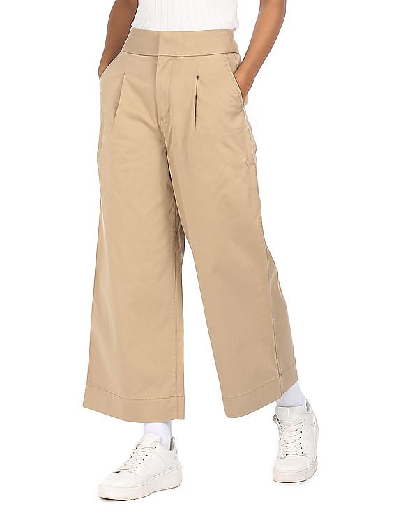 Beige High Rise Wide Leg Pants