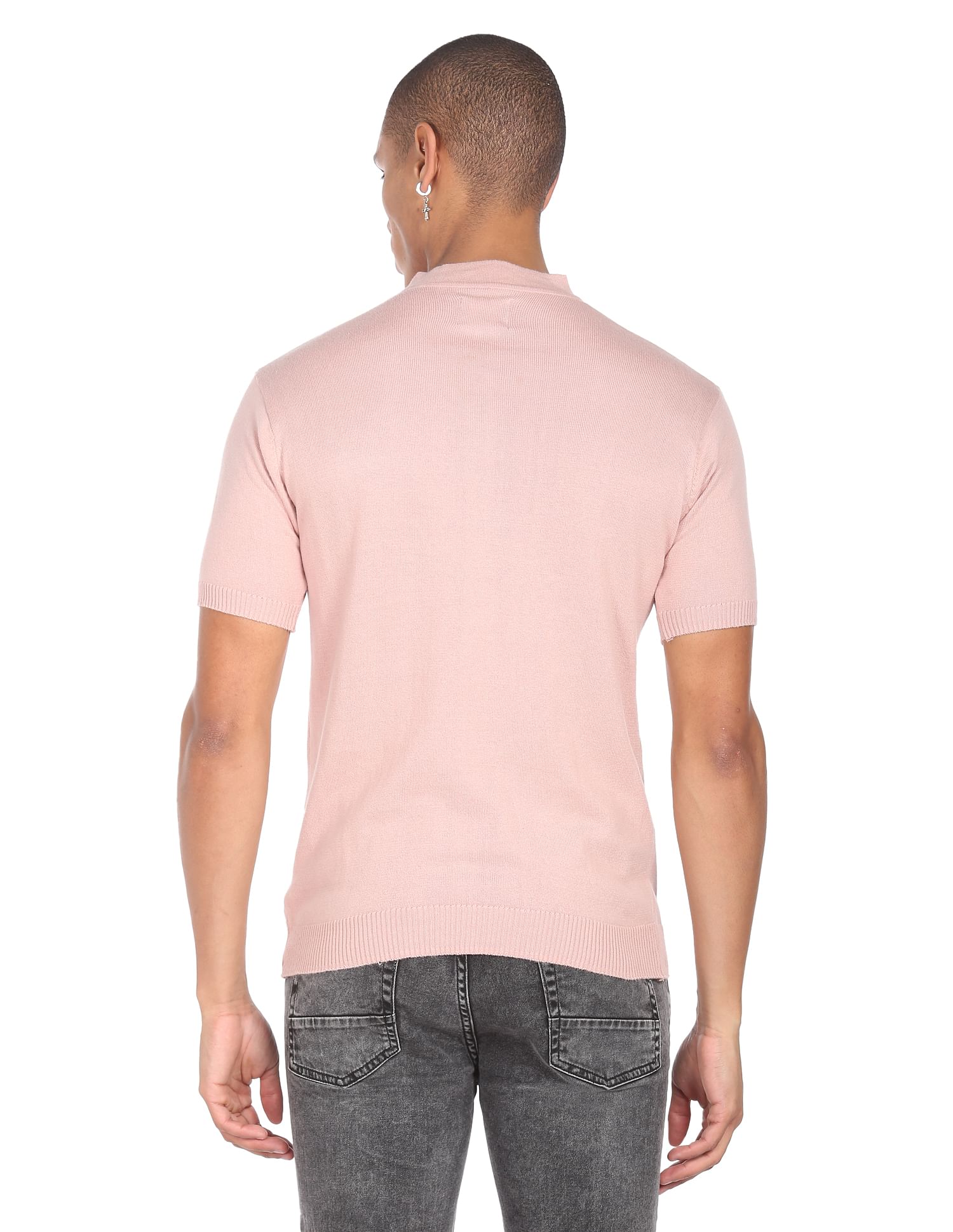 Flying Machine Mock Neck Solid T-Shirt