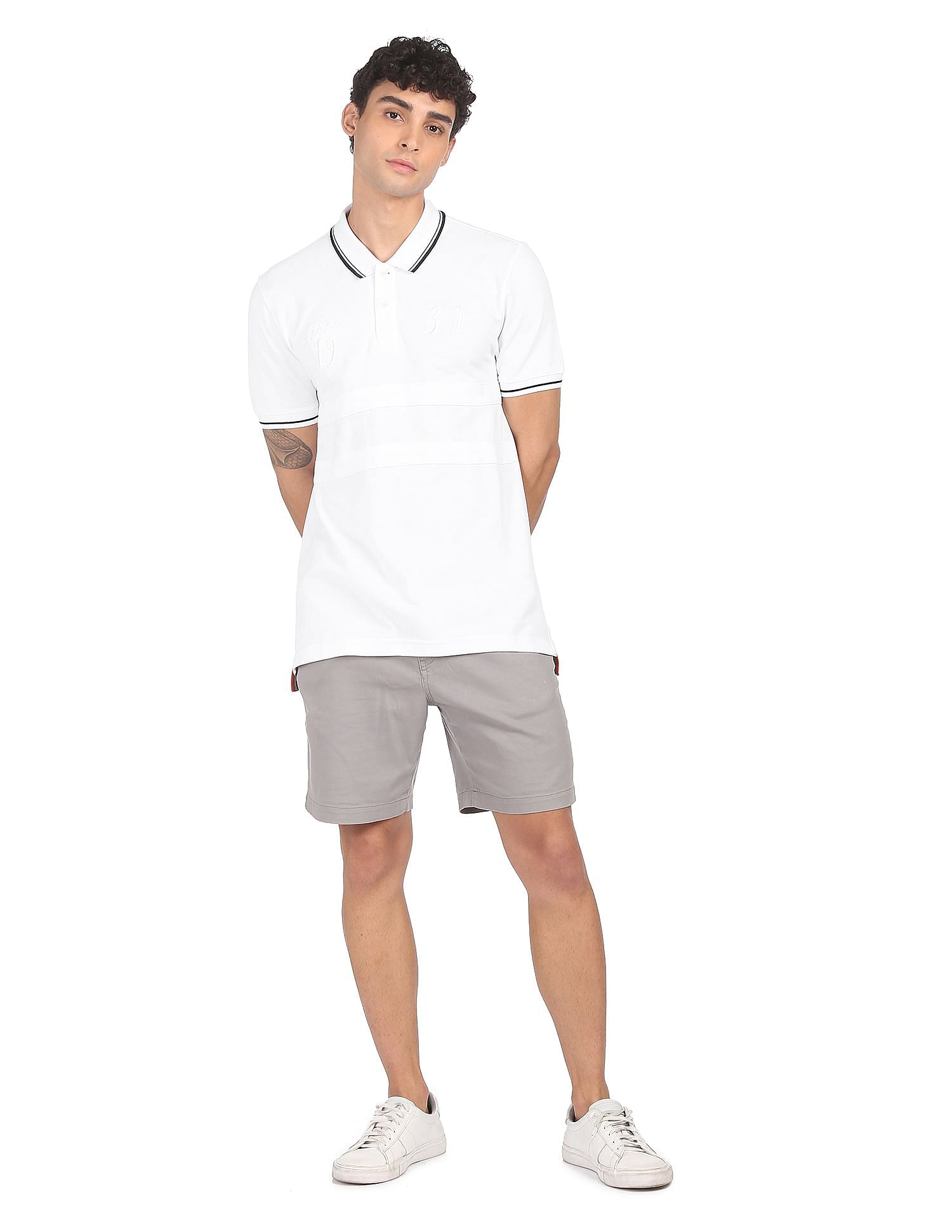 AD by Arvind Cotton Panelled Solid Polo Shirt