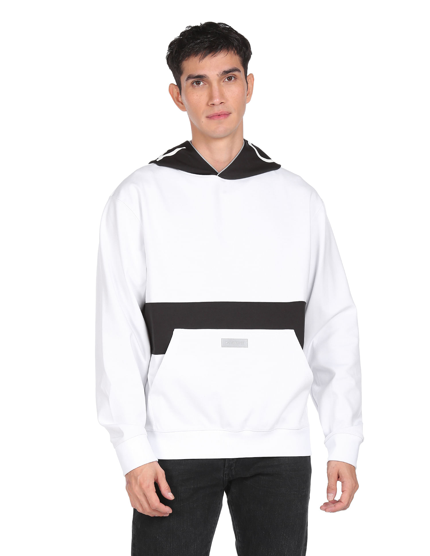 Calvin Klein Jeans Men White Colour Block Hooded Sweatshirt