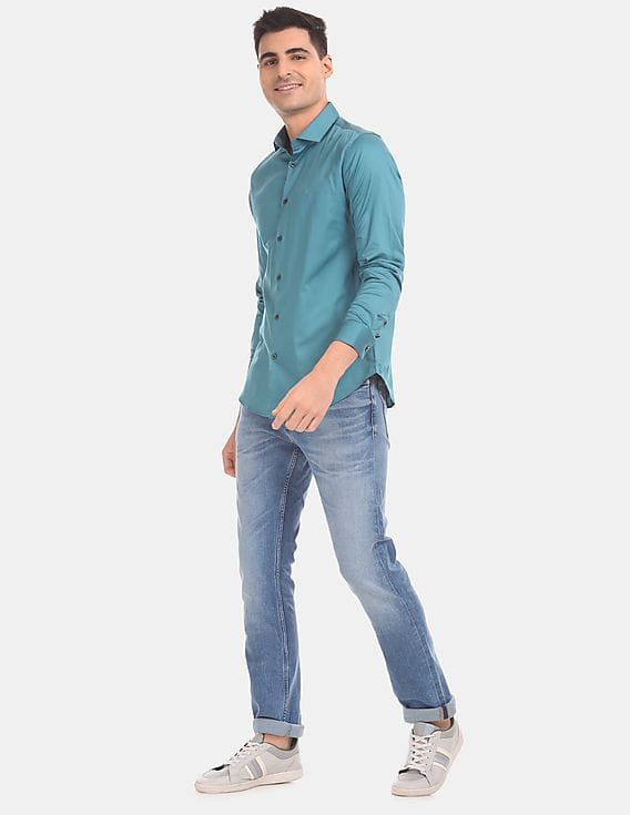 Buy Calvin Klein Men Dark Blue Long Sleeve Cotton Stretch Satin