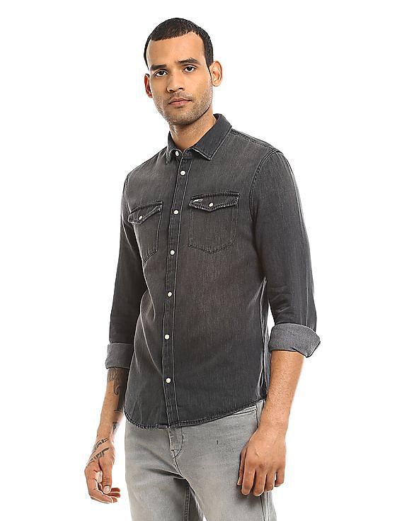 Buy Jack & Jones Men Black Slim Fit Faded Casual Denim Shirt - Shirts for  Men 9644221 | Myntra