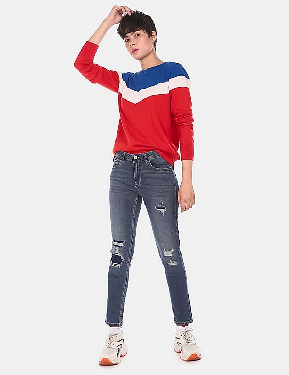 U.S. Polo Assn. Women Crew Neck Colour Block Sweater