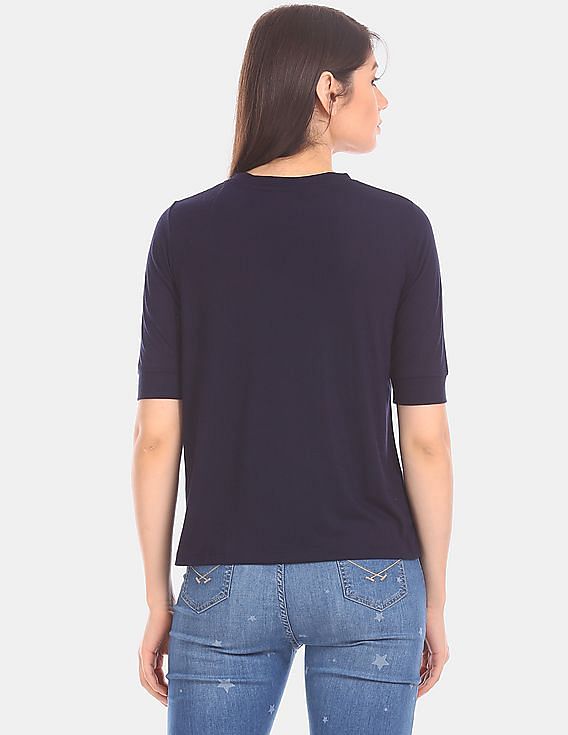 U.S. Polo Assn. Women Blue Brand Embellished Round Neck T-Shirt