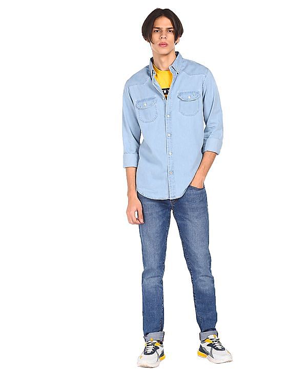 Aeropostale Men Light Blue Cotton Washed Denim Shirt