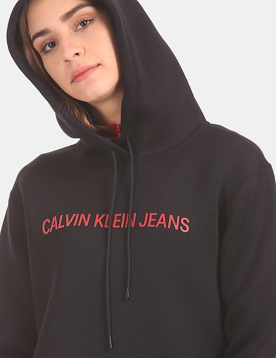 Buy Calvin Klein Women Black Viscose Stretch Shiny Scuba Hooded Sweatshirt  - NNNOW.com
