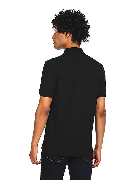 Aeropostale Women Black Cotton Brand Print Polo Shirt