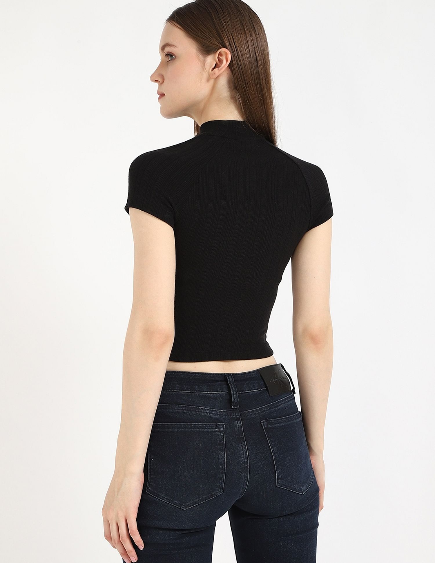 Calvin Klein Jeans Slim-Fit Viscose Mock Neck Crop Top