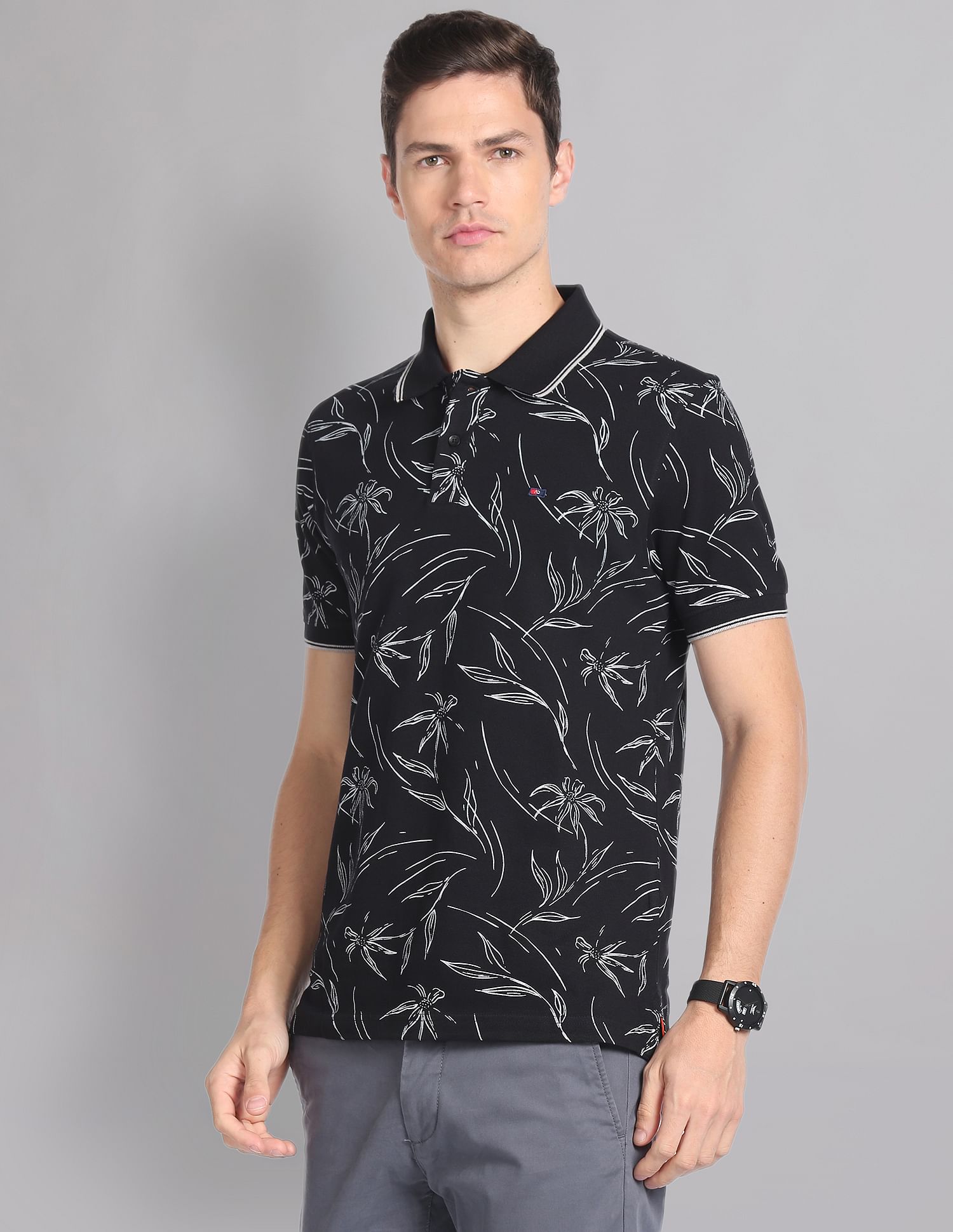 AD by Arvind Floral Print Cotton Polo Shirt