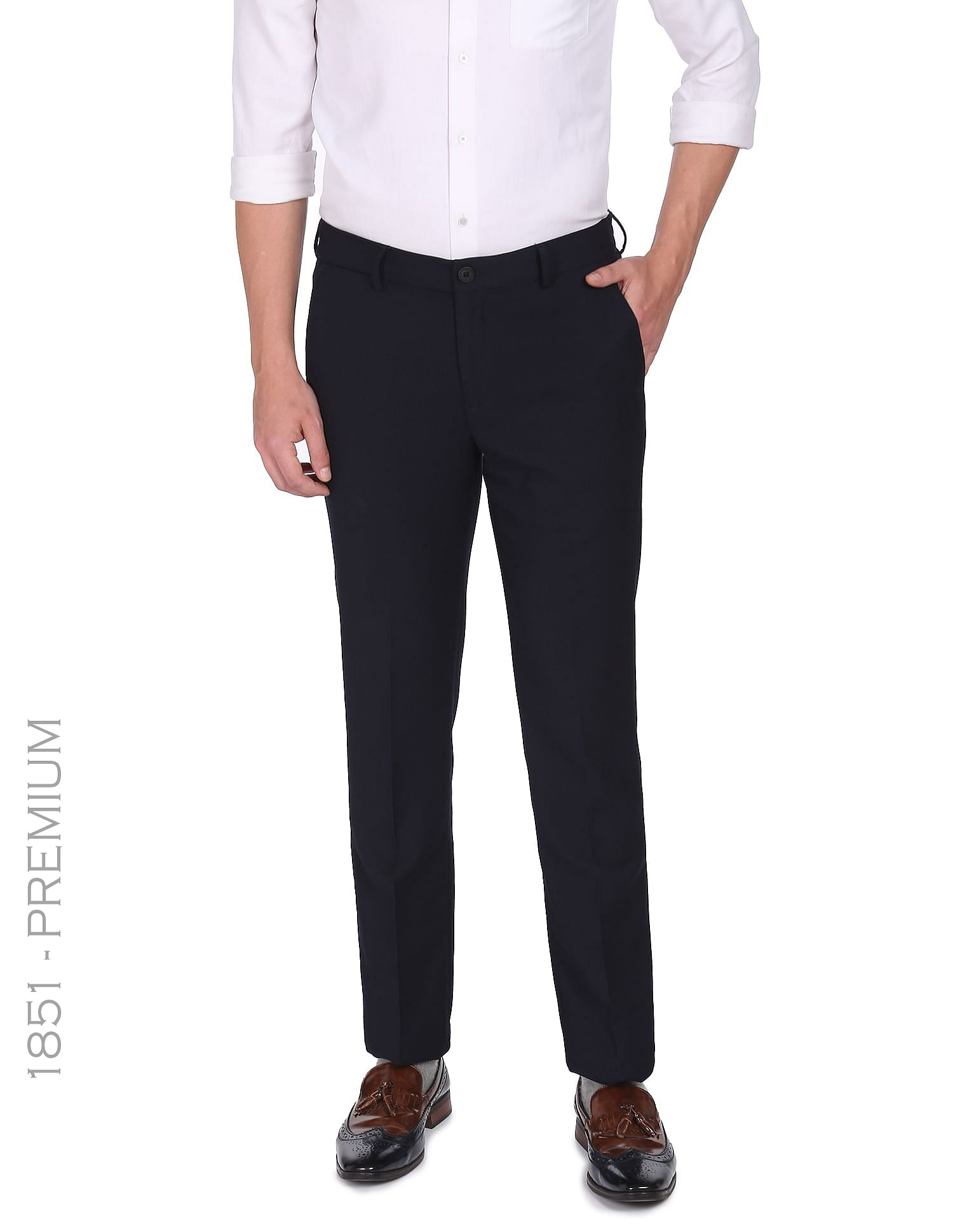 Buy Peter England Men Black Solid Super Slim Fit Casual Trousers online
