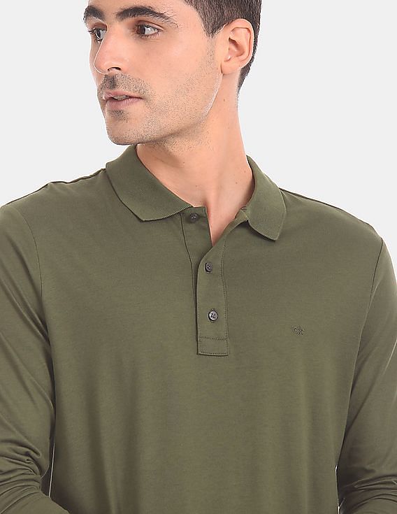 Calvin Klein Men Olive Long Sleeve Solid Polo Shirt