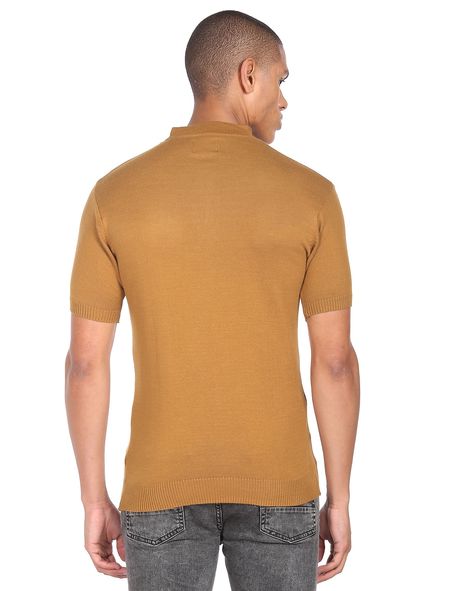 Flying Machine Mock Neck Solid T-Shirt