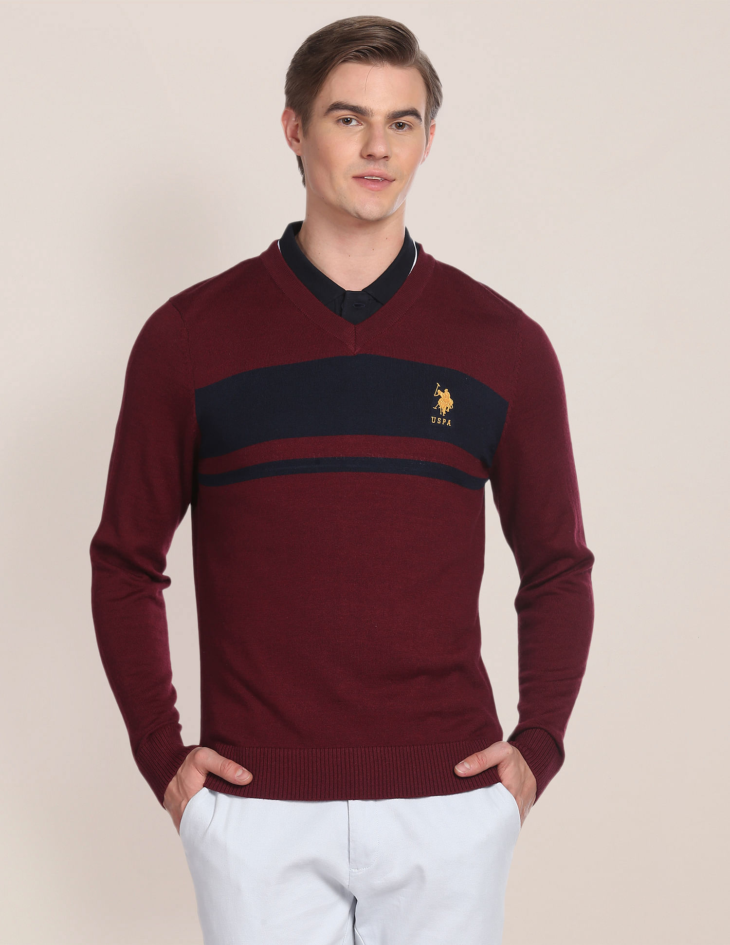 U.S. Polo Assn. V-Neck Horizontal Stripe Sweater