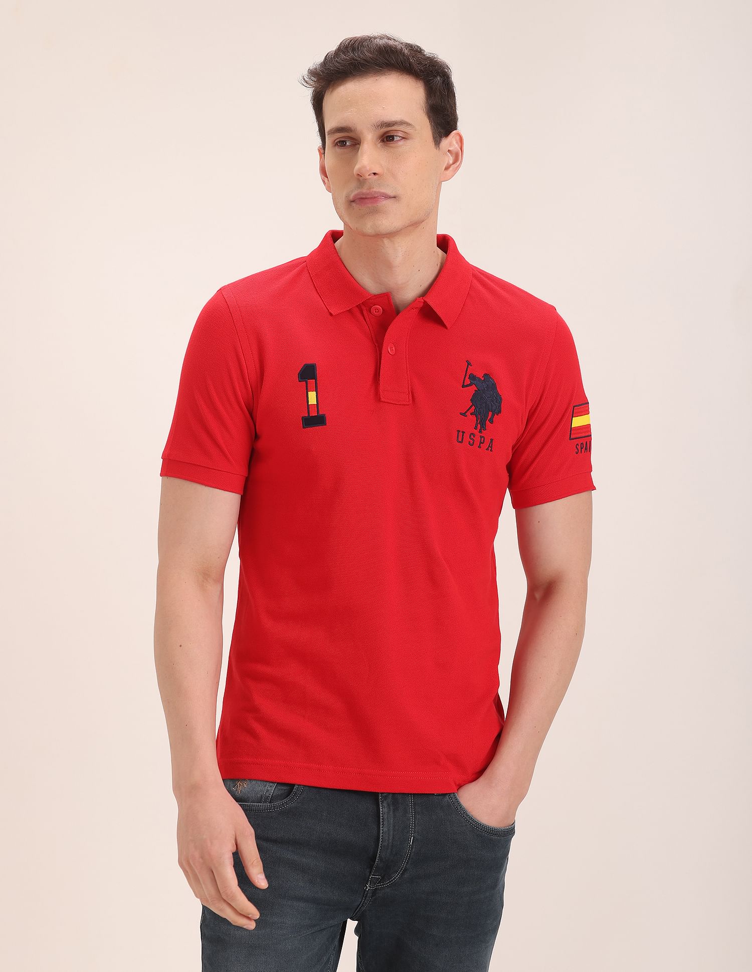 U.S. Polo Assn. Spain Flag Appliqued Pique Polo Shirt