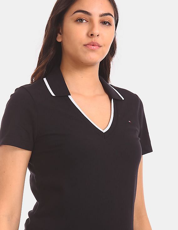 Buy Tommy Hilfiger Women Women Black Tipped V-Neck Cotton Stretch Polo Shirt