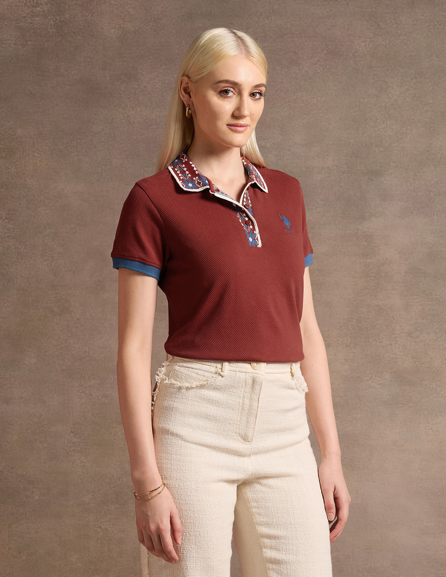 U.S. Polo Assn. Women Jacquard Collar Cotton Polo Shirt