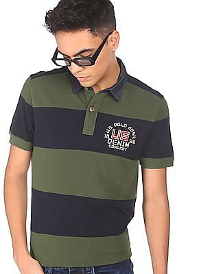 U S Polo Assn Denim Co Ribbed Collar Striped Polo Shirt