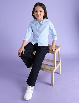 U S Polo Assn Kids Girls Peter Pan Collar Solid Top