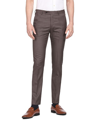 Men's Brown Polyester Solid Formal Trousers