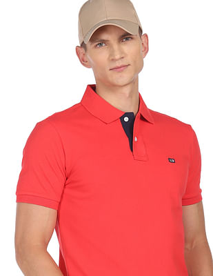 Arrow Sports Men Red Ribbed Collar Solid Cotton Polo Shirt