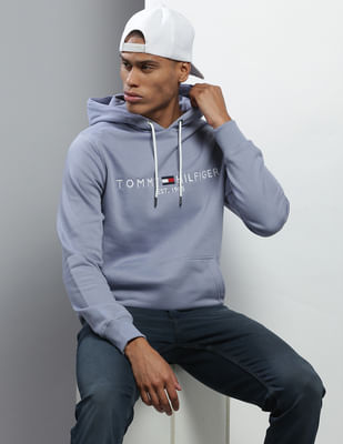 トップス Logo Embroidery Drawstring Pullover Buy Tommy Hilfiger Men Steel Blue Hooded Embroidered Logo