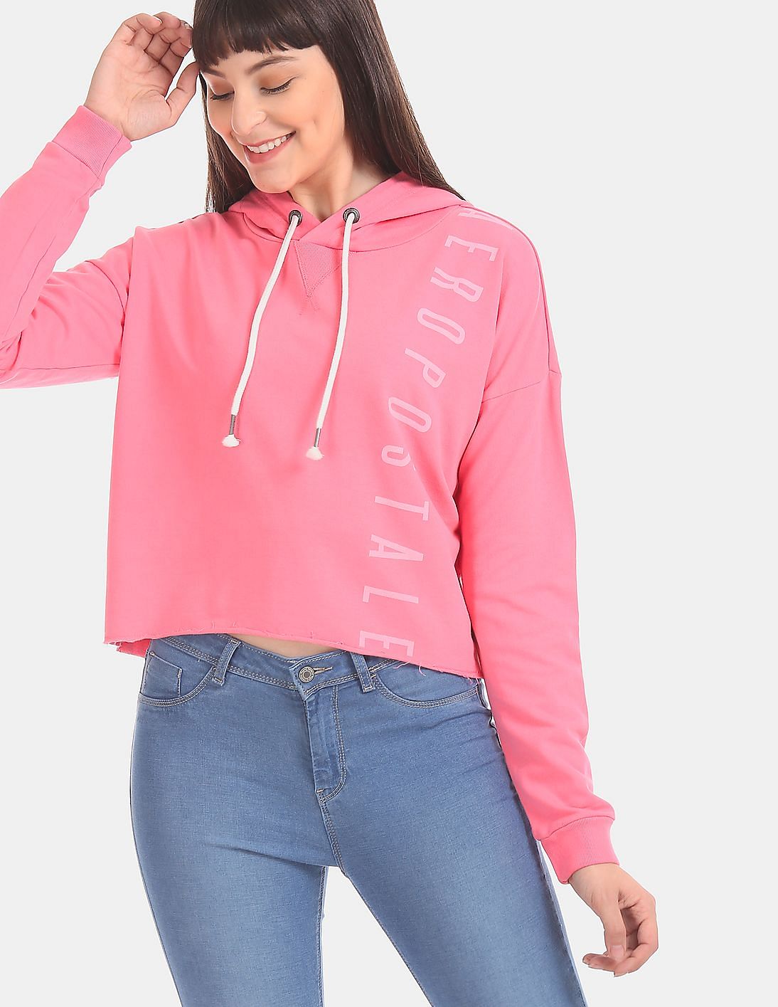 Buy Aeropostale Pink Drawstring Hood Brand Print Sweatshirt - NNNOW.com