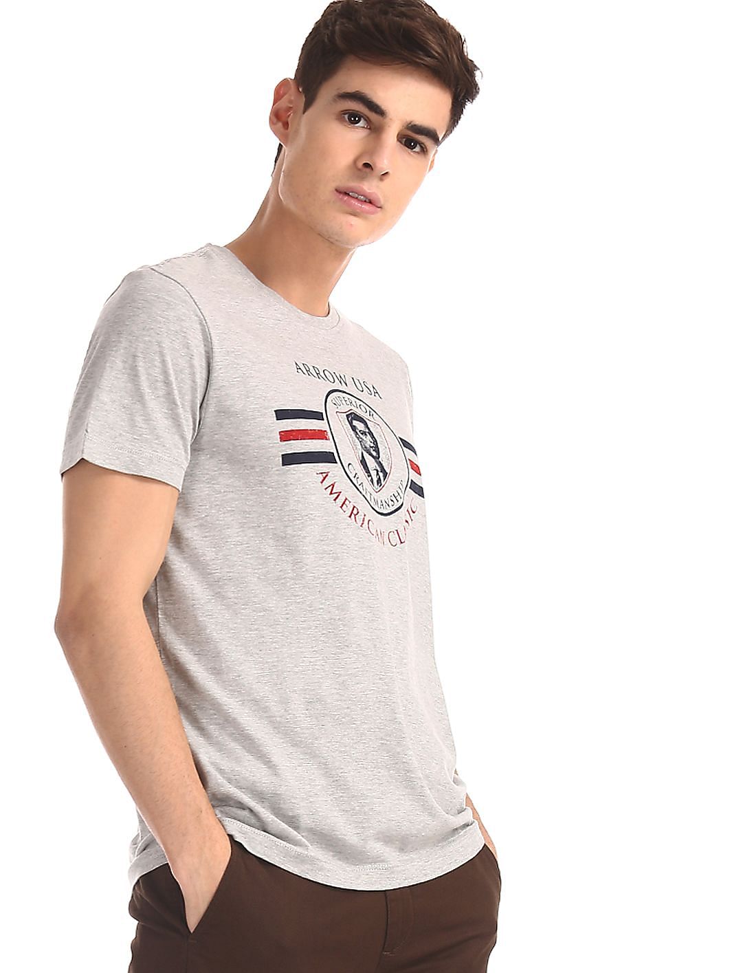 Buy Arrow Sports Grey Crew Neck Brand Print T-Shirt - NNNOW.com
