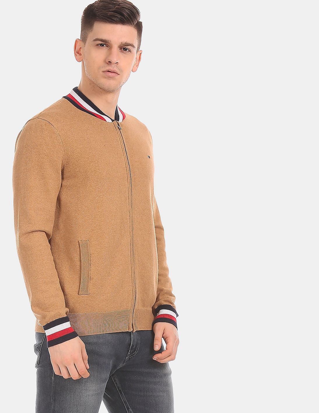Buy Tommy Hilfiger Men Brown Baseball Collar Full Zip Sweater - NNNOW.com
